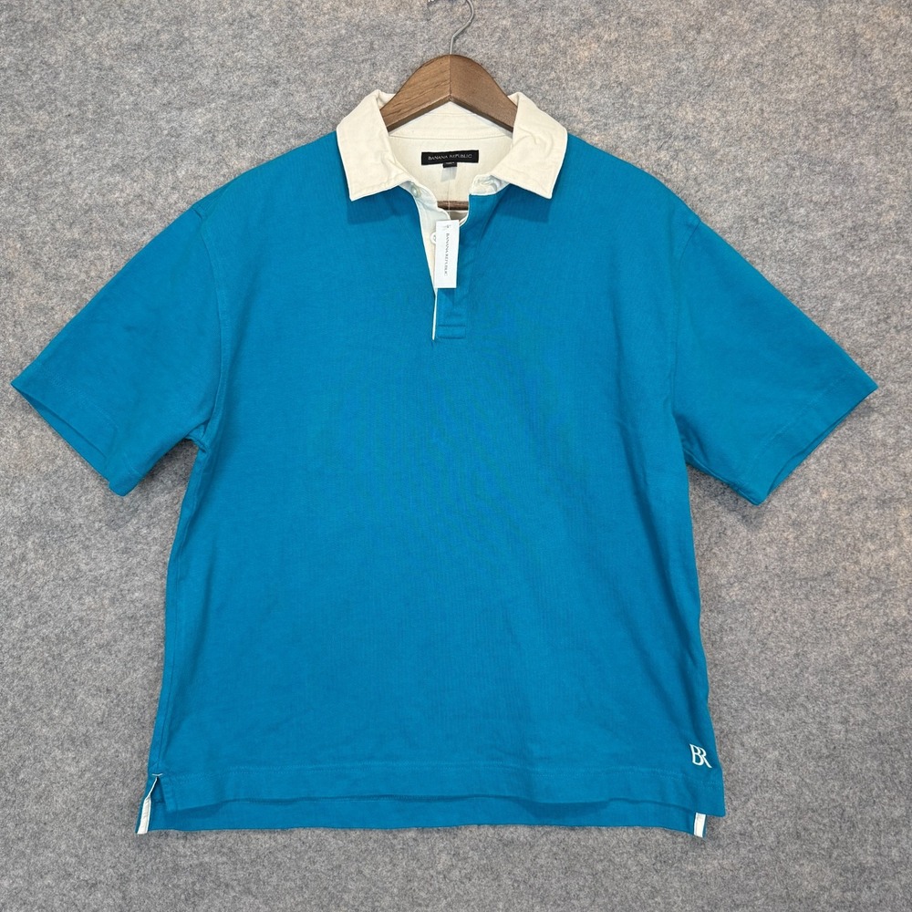 Banana Republic Rugby Polo Shirt Mens Medium Blue White Heavyweight Outdoor NEW